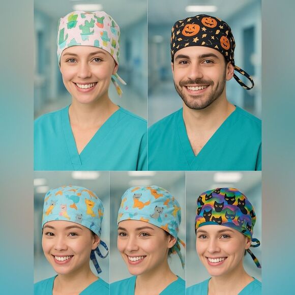 Bundle of 5 Scrub Hats – Fun, Whimsical Prints! 👨‍⚕️
✨ - Picture 1 of 8